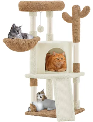 Image de Yaheetech, arbre à chat en forme de cactus, 106 cm, avec plateforme, couleur beige/marron