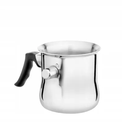 A stainless steel milk pot with a black handle is shown against a white background.