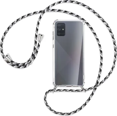 Produktbild von Handykette Backcover-Schutzhülle mit Band (Metall silberfarben) für Samsung Galaxy A71 (A715) - schwarz/grau/weiß