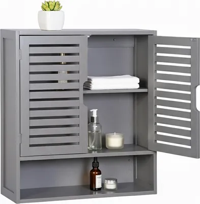Produktbild von Relaxdays Hängeschrank Bad, 3 Fächer, HBT: 66 x 59 x 21 cm, Lamellentüren, Magnetverschluss, schmaler Wandschrank, grau