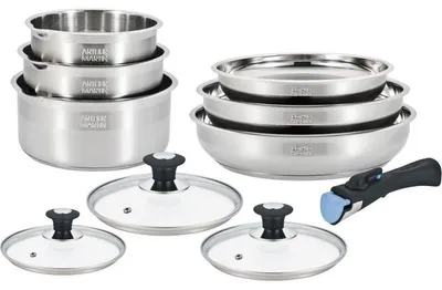 Image de ARTHUR MARTIN AM0006, ensemble de 10 pièces de batterie de cuisine en acier inoxydable 18/10, compatible induction, avec poignées amovibles et couvercles en verre