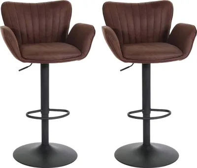 Two brown bar stools with black bases and adjustable height are shown against a white background.