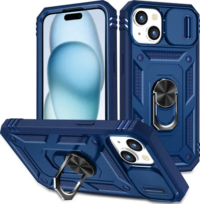 Produktbild von iPhone 15 Hülle, Schiebe Kamera Schutz Robust Schutzhülle mit Ringhalterung Ständer Kartenhalter für iPhone 15 Blau