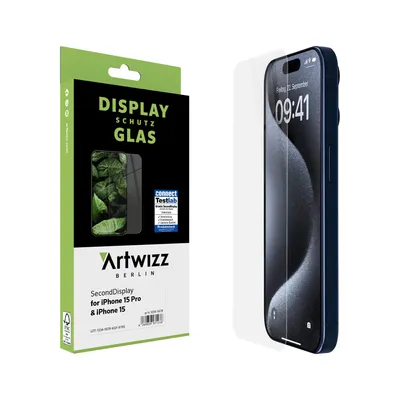 Produktbild von ARTWIZZ SecondDisplay Schutzglas für iPhone 15 / 15 Pro - Displayschutz aus Hartglas - Hüllenfreundlich