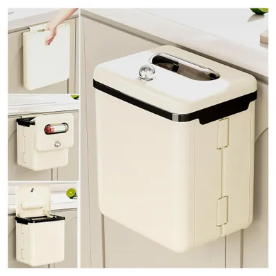 Produktbild von 9L Mülleimer für die Küche Beige Wandmontage mit Deckel und Staufach, Faltbarer Küchenabfalleimer, Türabfalleimer, Hängender Biomülleimer für Schranktür, Badezimmer, Wohnmobil, Camping, Auto