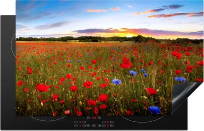 Produktbild von KitchenYeah© Herdabdeckplatte Blumenwiese - Mohnblumen - Rot , 83x51cm, Küche Deko, Glaskeramikkochfeld Herdabdeckung, Abdeckplatte fùr Kochfeld