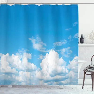 Produktbild von ABAKUHAUS Landschaft Duschvorhang, Bewölkt Beruhigende Szene, Set inkl.12 Haken aus Stoff Wasserdicht Bakterie und Schimmel Abweichent, 175 x 180 cm, Blau-weiß