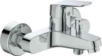 A chrome-finished bathroom faucet mounted on a white background.