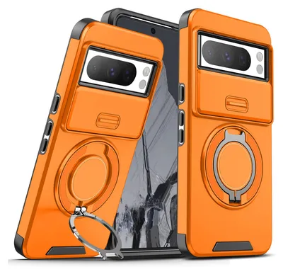 Immagine prodotto di Custodia a doppio strato per Goolge Pixel 8 Pro, con copertura scorrevole della fotocamera e supporto ad anello magnetico Arancione