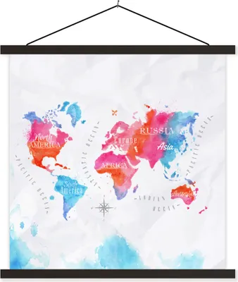 Produktbild von MuchoWow® Textilposter Weltkarte - Farben - Aquarellfarben 40x40 cm mit schwarzem Rahmen - Fotos