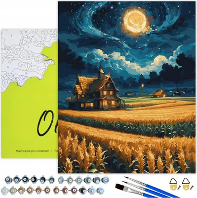 Image de Peinture par numéros adultes paysage nuit or 50x40 - 29 couleurs acryliques, toile avec cadre en bois, 3 pinceaux, accessoires, peinture or Oh Art !