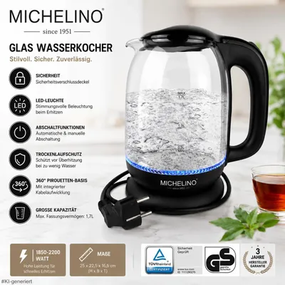 Produktbild von Glas Wasserkocher 1,7 Liter mit LED-Beleuchtung, 2200 Watt, 360° Basis