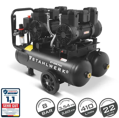 Produktbild von STAHLWERK Kompressor mit 22 L Tank (ST-228 Pro) – ölfrei, 8 bar, Druckluftkompressor, Brushless-Motoren, 3,54 PS, 2,6 kW, 410 l/min, Silent-Kompressor