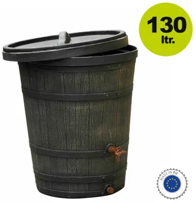 A dark gray barrel-shaped rain barrel with a lid ajar, a spigot, and a small drain at the bottom. A green circle with text and a circular badge with the EU flag are present.