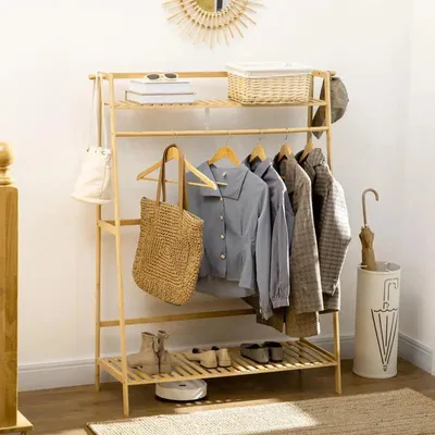 Image de Porte-vêtements – Penderie avec 2 étagères, 2 crochets et 1 barre – Structure en bambou – Porte-vêtements autoportant pour couloir et chambre à coucher – Vert armée