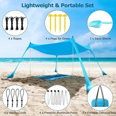 Immagine prodotto di Tenda da sole portatile per spiaggia con 4 pali in alluminio, 21 x 21 m, UPF50+ - facile da montare, ideale per campeggio in spiaggia, pesca e attività all'aria aperta