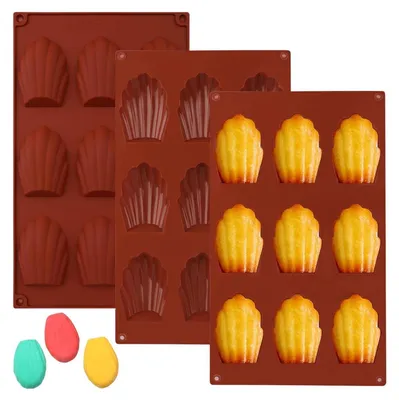 Image de set de 3 moules à madeleine en silicone sans BPA, en forme de coquillage, facile à démouler