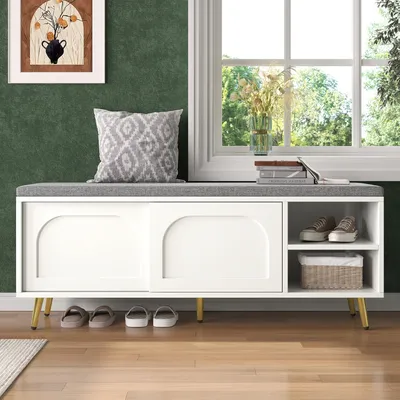 Image de Banc à chaussures - Banc de rangement pour chaussures - Armoire à chaussures - Banc avec rangement - Banc de rangement - Rotin blanc