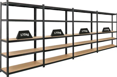 A long, multi-shelf metal storage rack with wooden shelves, shown against a white background. Several black weights labeled '175KG' are placed on the shelves.