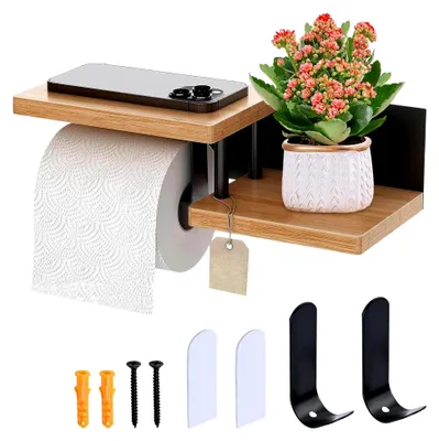 Produktbild von Toilettenpapierhalter aus Holz mit 2 Ablagen, Klopapierhalter aus schwarzem Metall mit 2 Klebehaken, Klorollenhalter zur Montage durch Bohren, WC-Papierhalterung für Küche und Badezimmer