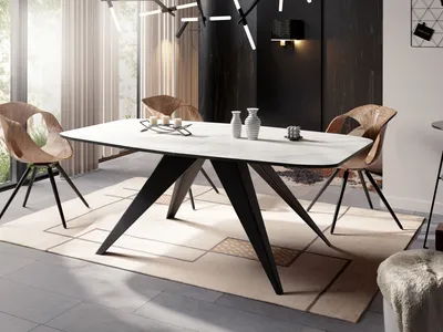 Produktbild von Ausziehbarer Esstisch im Loft-Stil - Industrieller Tisch in Weißer Marmoroptik mit Schwarzen Metallbeinen - Modernes Design für Wohnzimmer - 160 cm Ausziehbar auf 200 cm - Marmor Weiß