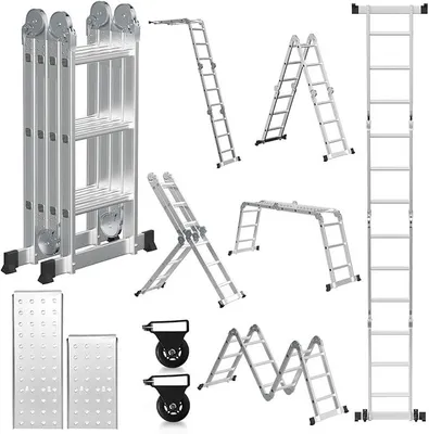 Obrázek produktu pro Víceúčelová žebřík 4x3, výška 360 cm, multifunkční žebřík 7 v 1 s 2 platformami, hliníková víceúčelová žebřík s 2 transportními kolečky, nosnost do 150 kg, pracovní žebřík s 12 příčkami, stříbrná barva