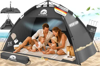Produktbild von ELONEO Pop-Up Strandmuschel mit UV-Schutz 80+, leichter Aufbau, kompakt, Tragetasche, Sonnenschutz & Windschutz für Kinder und Erwachsene - XL Grau