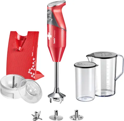 Zdjęcie produktu dla Blender ręczny Bamix M 200 Swissline, obudowa ze stali nierdzewnej, 200 W, pojemnik o pojemności 0,9 l, 2 prędkości, uniwersalna nasadka do rozdrabniania