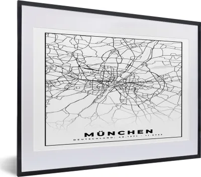 Produktbild von MuchoWow® Gerahmtes Poster München - Karte - Stadtplan 40x30 cm - Poster mit Schwarzem Bilderrahmen Wandposter Rahmen Foto Bilder - Bilderrahmen - Poster im Rahmen