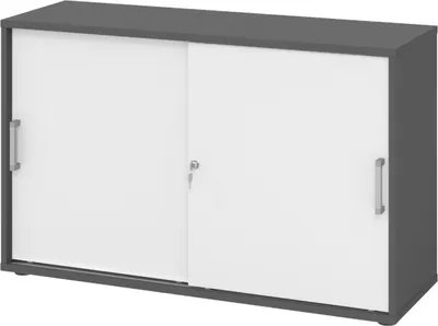Produktbild von bümö Schiebetürenschrank office - 2 Ordnerhöhen - Griff: Chromgriff (Metall), Nachbildung: Graphit/Weiß