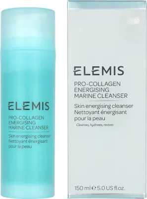 A product shot of an Elemis cleanser bottle and its box.