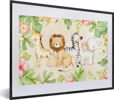 Produktbild von MuchoWow® MuchoWow® Gerahmtes Poster Dschungel - Tiere - Blumen - Pflanzen 40x30 cm - Poster mit zchwarzem Bilderrahmen - Bilderrahmen - Poster im Rahmen