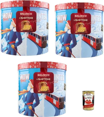Produktbild von Balocco Il Panettone 3x 750 g in Geschenkdose – klassischer italienischer Weihnachtskuchen mit Rosinen & kandierten Früchten – nur Lievito Madre – dekorative Metallbox + Italian Gourmet polpa 400g