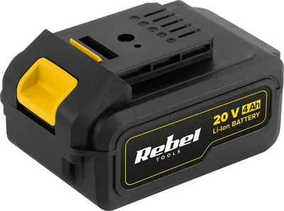 A black and yellow Rebel Tools 20V 4Ah Li-ion battery pack is shown against a white background.