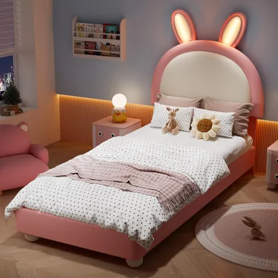 Produktbild von Flieks Kinderbett 90x200cm mit Hasenförmigem Kopfteil, Polsterbett Einzelbett mit Lattenrost und Kopfteil, PU, Weiß Rosa