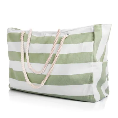 A striped beach bag on a white background.