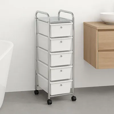 Produktbild von Rollcontainer GINA, chrom/weiß - Rollwagen mit 5 transparenten Schubladen, chromfarbenes Metallgestell auf Rollen, Friseurwagen, Badezimmerschrank, Kosmetik Aufbewahrung