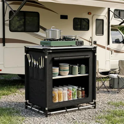 Produktbild von Sekey Campingküche Premium mit Aluminiumgestell und Aluminium-Arbeitsplatte Faltbar 76 x 52 x 77 cm, Schwarz