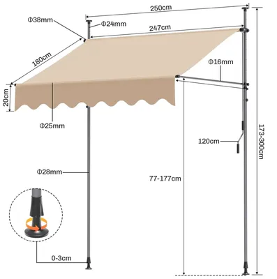 Produktbild von Balkonmarkise - Klemmmarkise ohne Bohren - Höhenverstellbar - Wasserabweisend mit UV-Schutz - 2,5 x 1,2 m - Khaki