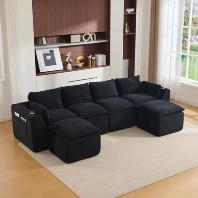 Produktbild von MODFU 4-Sitzer-Ecksofa,Modulares Big Sofa mit Fußhocker,Relaxsofa mit Kissen, Getränkehalter und 2 Seitentaschen,Cord,Schwarz
