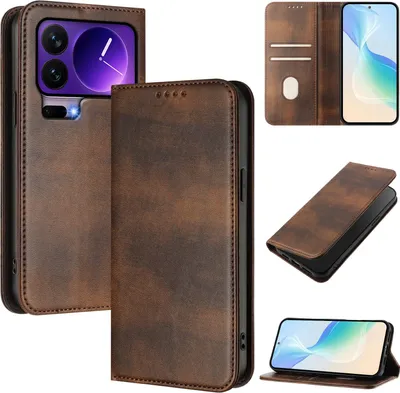 Image de Housse de téléphone portable pour Xiaomi 17 Pro, cuir vintage protection RFID poche carte stand fonction magnétique étui à rabat marron