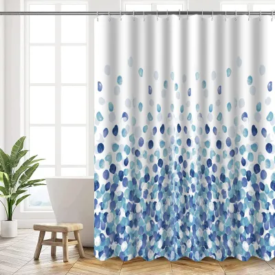 Productafbeelding van Douchegordijn, polyester douchegordijn 180 x 180 cm, wasbaar, met oogjes en 12 doucheringen, verzwaard onderrand, sneldrogend, blauw met bubbelmotief