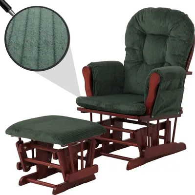 A green corduroy glider chair and ottoman set with a wooden frame, shown on a white background with a close-up inset of the fabric texture.
