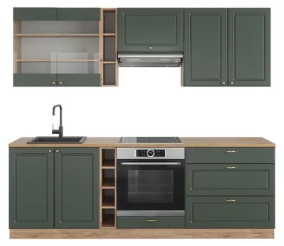 Produktbild von Küchenzeile Vicco Fame-Line Grün-Gold Landhaus/Goldkraft Eiche 235 cm ohne Arbeitsplatte, Model 38757