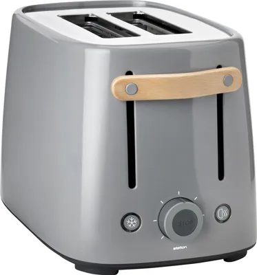 A grey two-slice toaster with a wooden handle and control knob.