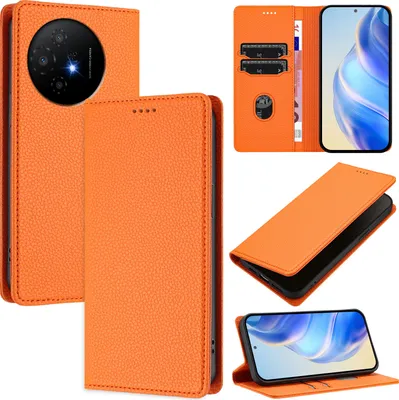 Produktbild von Litchi Leder Handyhülle für TCL 50 Pro NxtPaper Wallet Kartenfächer Standfunktion Hülle Orange