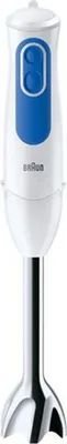 A white and blue immersion blender with a silver shaft.