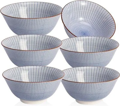 Productafbeelding van Set van 6 kleurrijke keramische kommen, 15 cm, met print, geschikt voor havermout, salade, desserts, soep, magnetronbestendig en vaatwasmachinebestendig