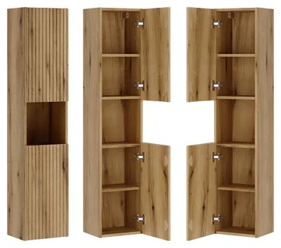 Produktbild von Badezimmer Hochschrank mit 30 cm Breite in Eiche mit gerillter Front, 2 Türen & 1 offenes Fach - NEWPORT-56-EVOKE