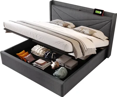 Produktbild von Polsterbett 160x200 cm, Grau, mit USB Typ C, Stauraum, mit Matratze, Leinen